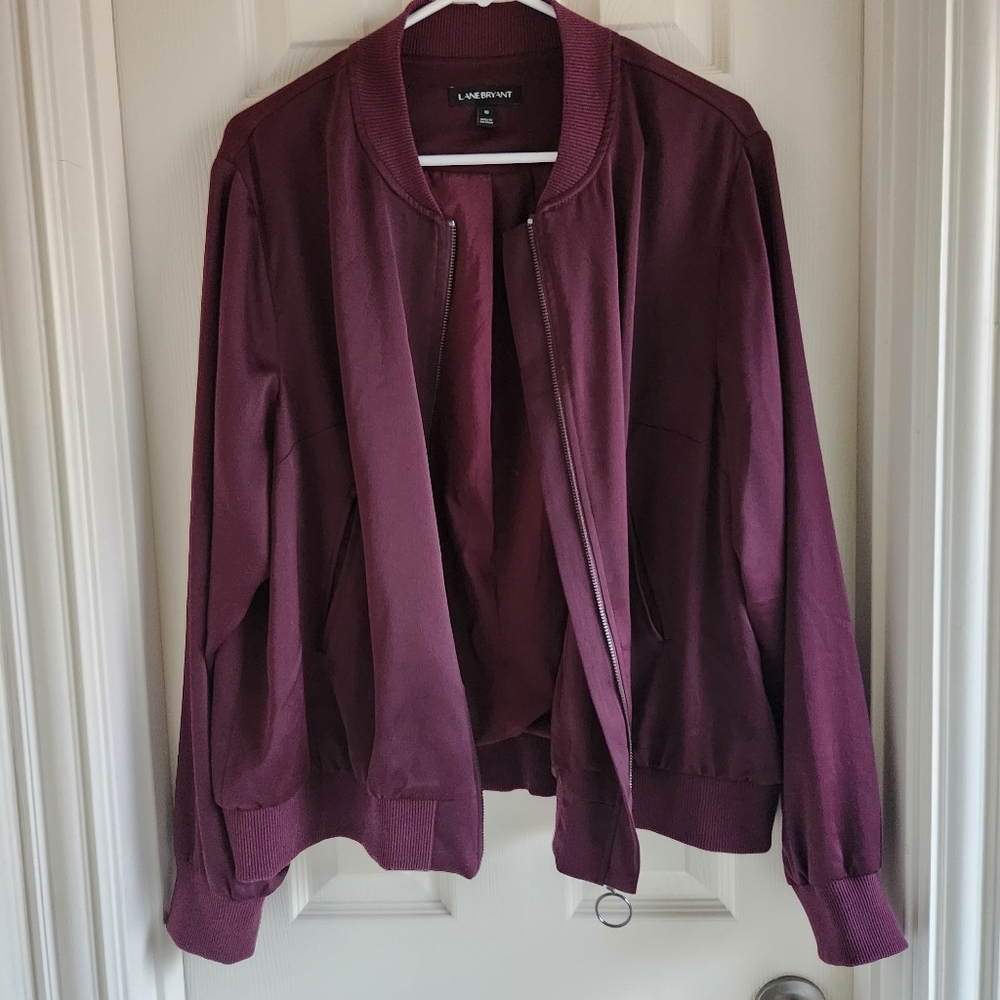 Lane Bryant Satin Bomber Jacket O-Ring Zipper Pull Athleisure Plum Size 16 - Picture 8 of 9